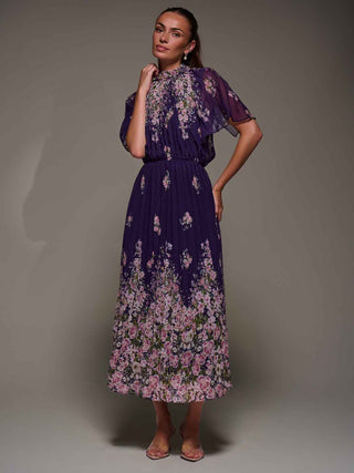 High Neck Short Sleeve Pleated Chiffon Dress, Purple Floral