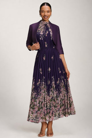 High Neck Short Sleeve Pleated Chiffon Dress, Purple Floral