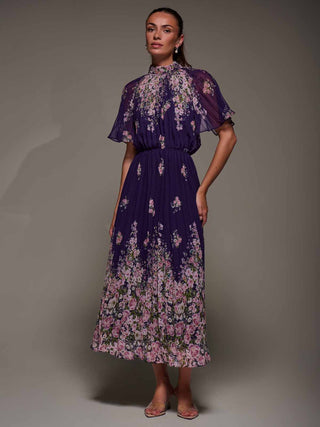High Neck Short Sleeve Pleated Chiffon Dress, Purple Floral