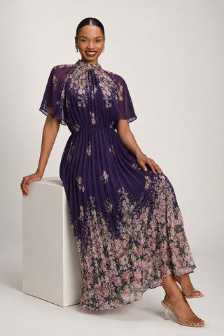 High Neck Short Sleeve Pleated Chiffon Dress, Purple Floral