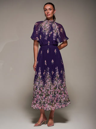 High Neck Short Sleeve Pleated Chiffon Dress, Purple Floral