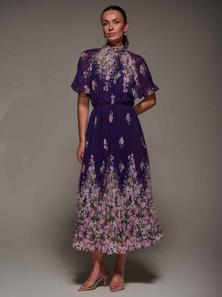 High Neck Short Sleeve Pleated Chiffon Dress, Purple Floral