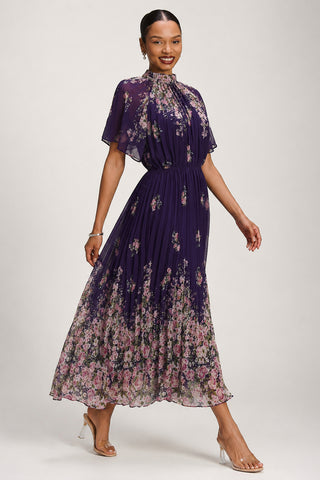 High Neck Short Sleeve Pleated Chiffon Dress, Purple Floral