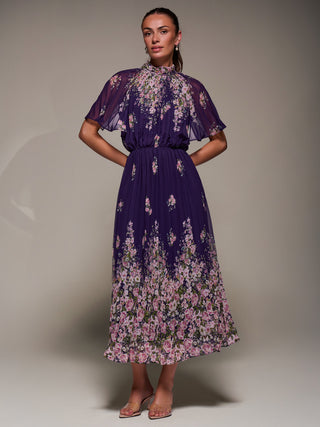 High Neck Short Sleeve Pleated Chiffon Dress, Purple Floral