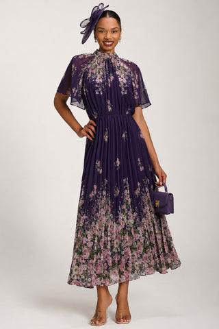 High Neck Short Sleeve Pleated Chiffon Dress, Purple Floral