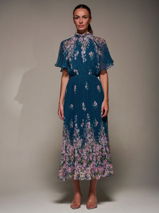 High Neck Short Sleeve Pleated Chiffon Dress, Teal Floral