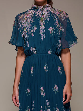 High Neck Short Sleeve Pleated Chiffon Dress, Teal Floral