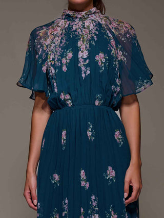 High Neck Short Sleeve Pleated Chiffon Dress, Teal Floral