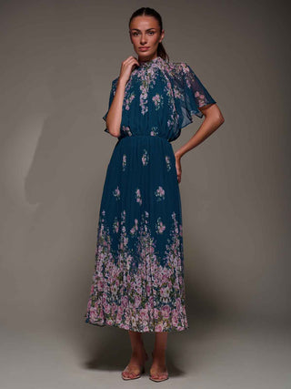 High Neck Short Sleeve Pleated Chiffon Dress, Teal Floral