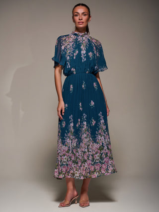High Neck Short Sleeve Pleated Chiffon Dress, Teal Floral