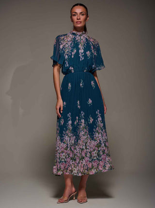 High Neck Short Sleeve Pleated Chiffon Dress, Teal Floral