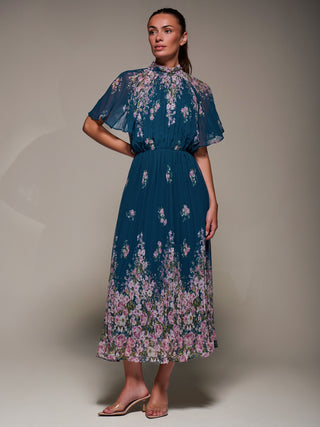 High Neck Short Sleeve Pleated Chiffon Dress, Teal Floral