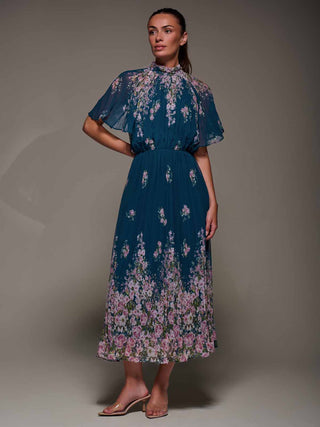 High Neck Short Sleeve Pleated Chiffon Dress, Teal Floral