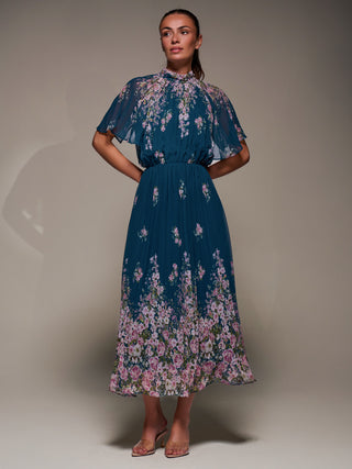 High Neck Short Sleeve Pleated Chiffon Dress, Teal Floral