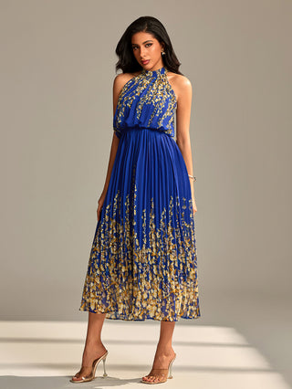 Mirrored Chiffon Pleated Halter Neck Max,  Royal Multi