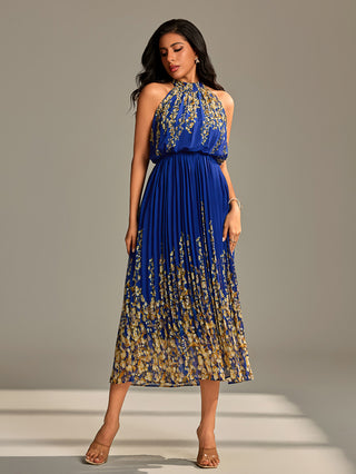 Mirrored Chiffon Pleated Halter Neck Max,  Royal Multi