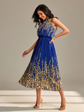 Mirrored Chiffon Pleated Halter Neck Max,  Royal Multi