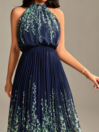 Mirrored Chiffon Pleated Halter Neck Max,  Navy Multi