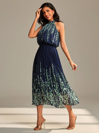 Mirrored Chiffon Pleated Halter Neck Max,  Navy Multi