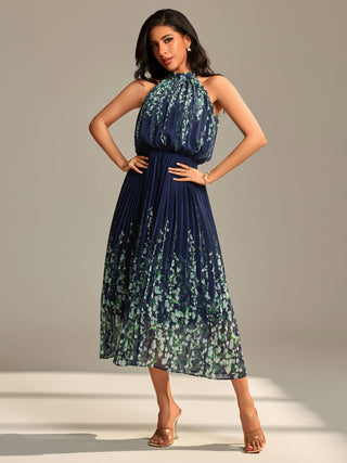 Mirrored Chiffon Pleated Halter Neck Max,  Navy Multi