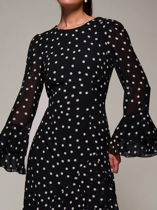 Ruffled Long Sleeve Tiered Chiffon Midaxi, Black Spot