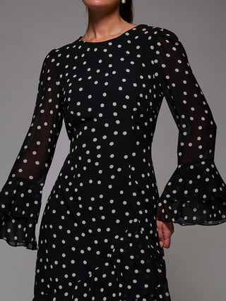 Ruffled Long Sleeve Tiered Chiffon Midaxi, Black Spot