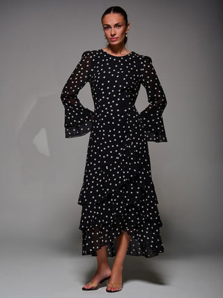 Ruffled Long Sleeve Tiered Chiffon Midaxi, Black Spot
