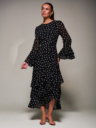 Ruffled Long Sleeve Tiered Chiffon Midaxi, Black Spot