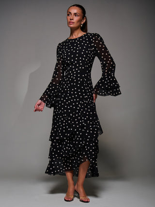 Ruffled Long Sleeve Tiered Chiffon Midaxi, Black Spot