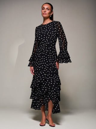 Ruffled Long Sleeve Tiered Chiffon Midaxi, Black Spot
