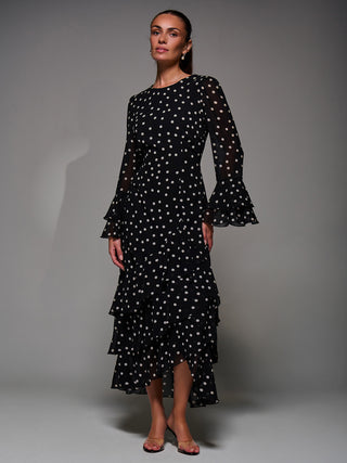 Ruffled Long Sleeve Tiered Chiffon Midaxi, Black Spot