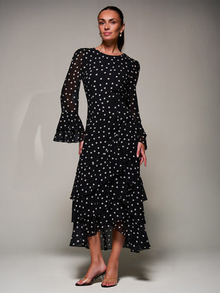 Ruffled Long Sleeve Tiered Chiffon Midaxi, Black Spot