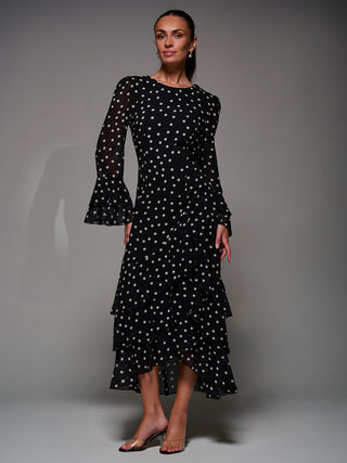 Ruffled Long Sleeve Tiered Chiffon Midaxi, Black Spot