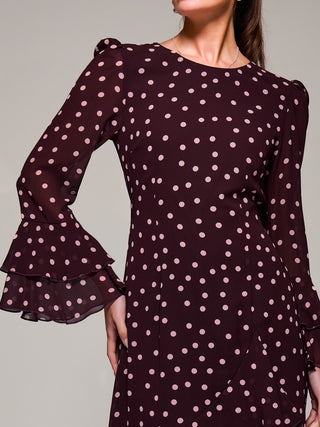 Ruffled Long Sleeve Tiered Chiffon Midaxi, Burgundy Spot