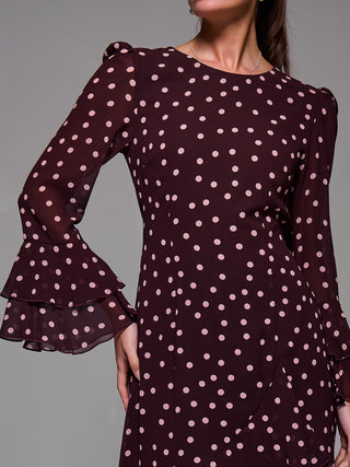 Ruffled Long Sleeve Tiered Chiffon Midaxi, Burgundy Spot