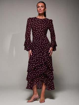 Ruffled Long Sleeve Tiered Chiffon Midaxi, Burgundy Spot