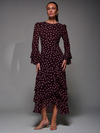 Ruffled Long Sleeve Tiered Chiffon Midaxi, Burgundy Spot