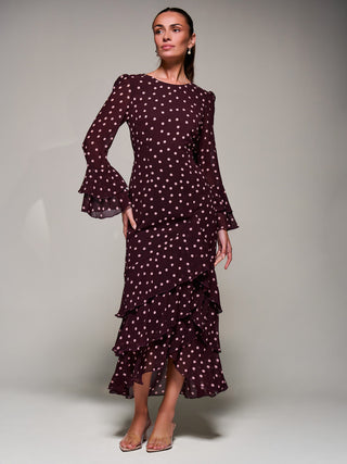 Ruffled Long Sleeve Tiered Chiffon Midaxi, Burgundy Spot