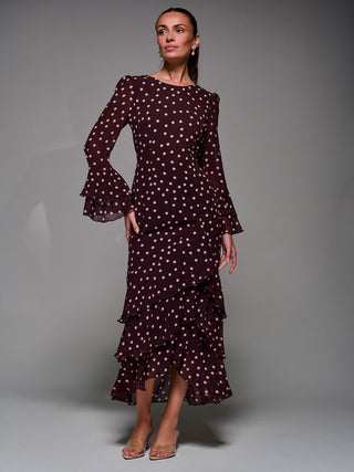 Ruffled Long Sleeve Tiered Chiffon Midaxi, Burgundy Spot