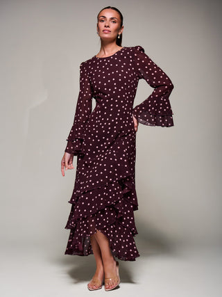 Ruffled Long Sleeve Tiered Chiffon Midaxi, Burgundy Spot