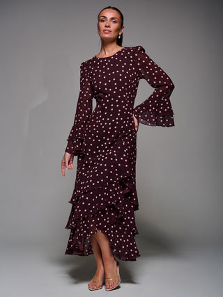 Ruffled Long Sleeve Tiered Chiffon Midaxi, Burgundy Spot