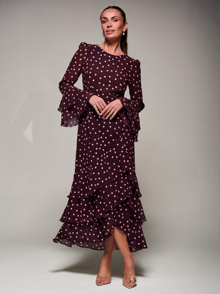 Ruffled Long Sleeve Tiered Chiffon Midaxi, Burgundy Spot