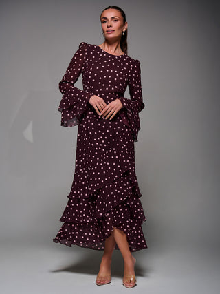 Ruffled Long Sleeve Tiered Chiffon Midaxi, Burgundy Spot