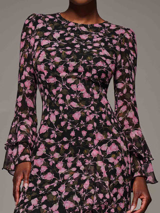 Ruffled Long Sleeve Tiered Chiffon Midaxi, Pink Floral