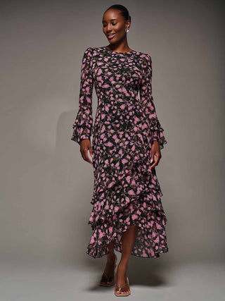Ruffled Long Sleeve Tiered Chiffon Midaxi, Pink Floral
