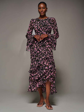 Ruffled Long Sleeve Tiered Chiffon Midaxi, Pink Floral