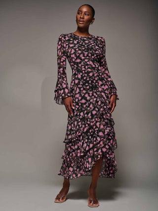Ruffled Long Sleeve Tiered Chiffon Midaxi, Pink Floral
