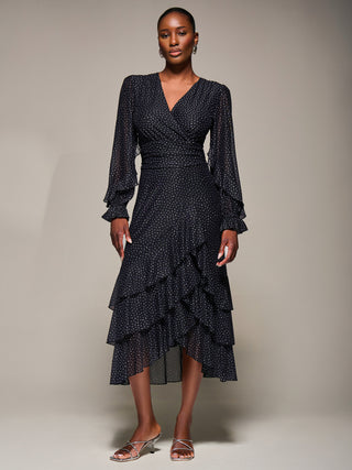 Long Sleeve Frill Detail Mesh Maxi dress, Black Spot