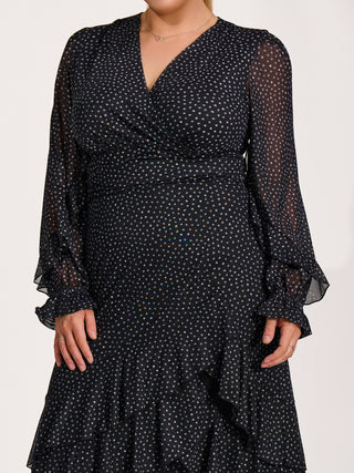 Long Sleeve Frill Detail Mesh Maxi dress, Black Spot