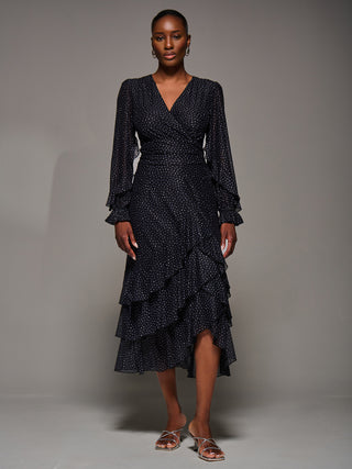 Long Sleeve Frill Detail Mesh Maxi dress, Black Spot